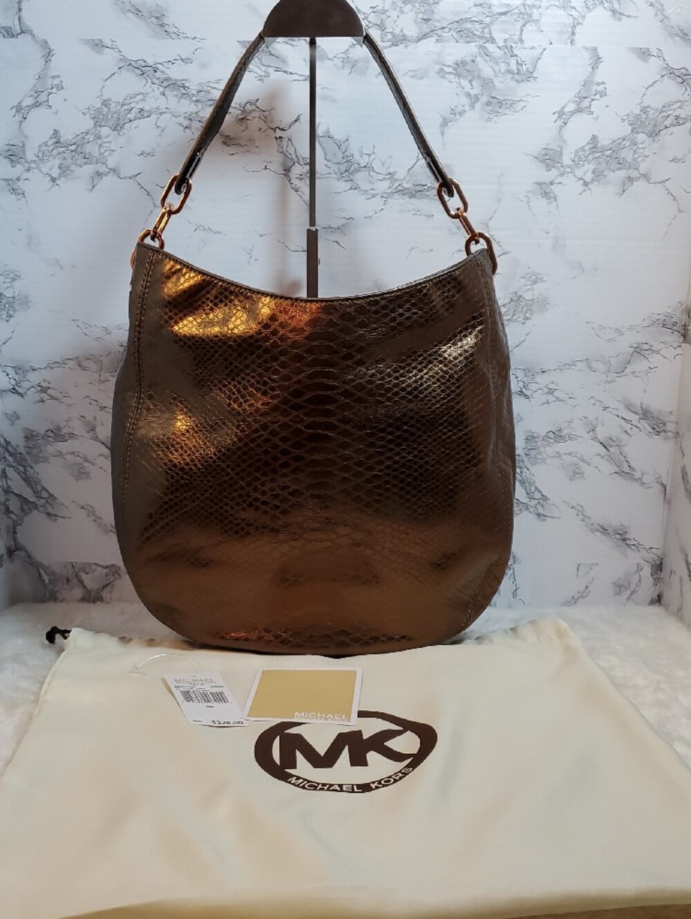 Michael Kors Cocoa Fulton Chain Hobo Snake-Embossed Shoulder Bag NWT - Picture 12 of 16